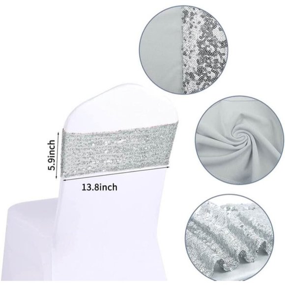 50 pieces | Silver Sequin Chair Sashes Stretch Spandex Bands Sparkling Wedding - Picture 3 of 6